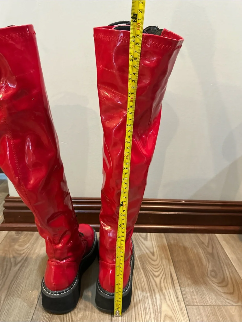 Demonia Emily-375 Red Patent Knee High Platform Lace Up Boots Womens 12